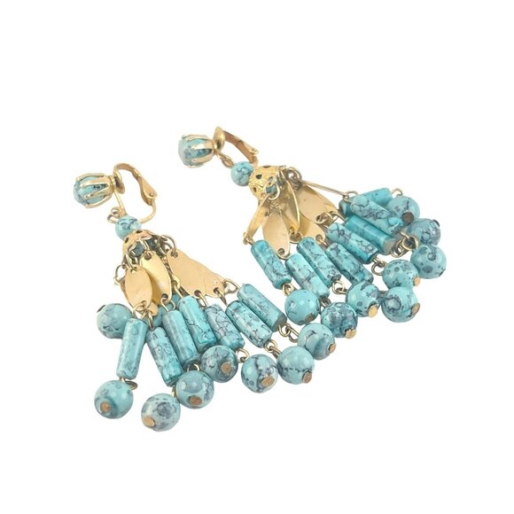 Vintage Turquoise Plastic Clip on Tassel Earrings 3 inch - Picture 5 of 6